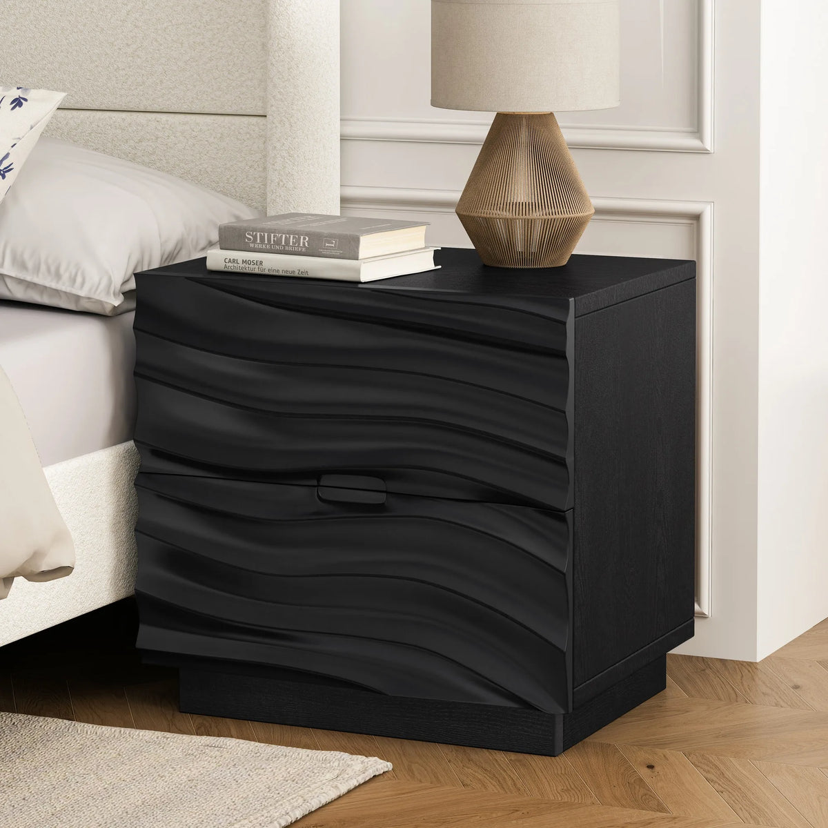Solid Wood Nightstands, Bedside Table with 2 Drawers, No Handles, Sofa End Table for Living Room, Bedrooms