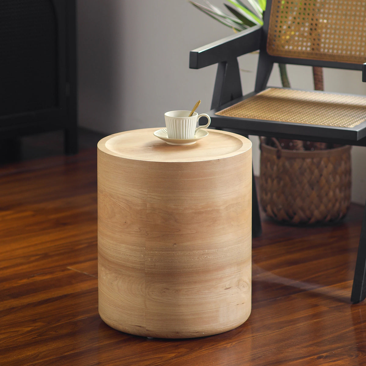 Natural Wood Round Drum Accent Table, No Assembly Side End Table for Living Room Bedroom