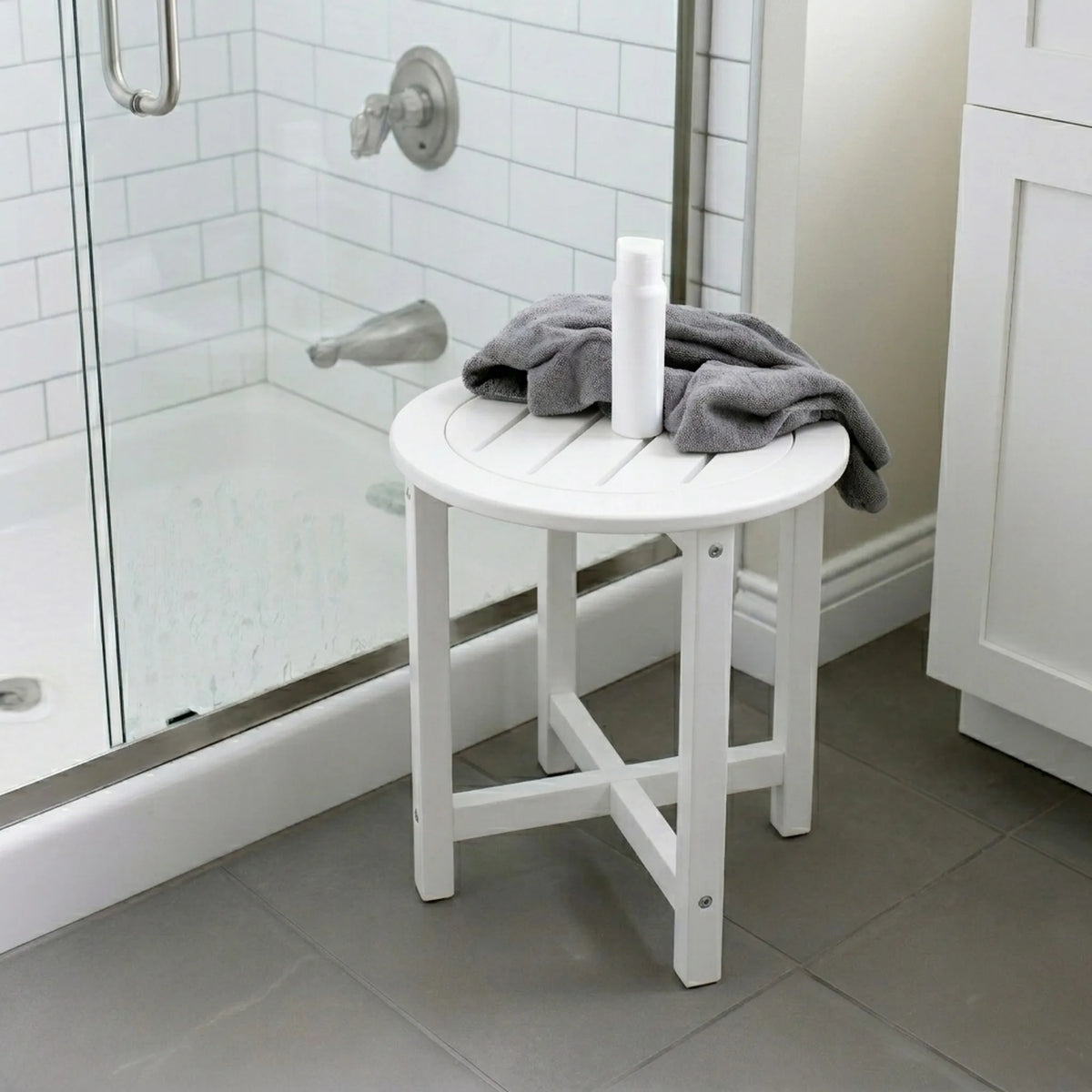 16-Inch White Round HDPE Side Table, Modern Moisture-Resistant End Table for Bathroom, Bedroom and Living Room