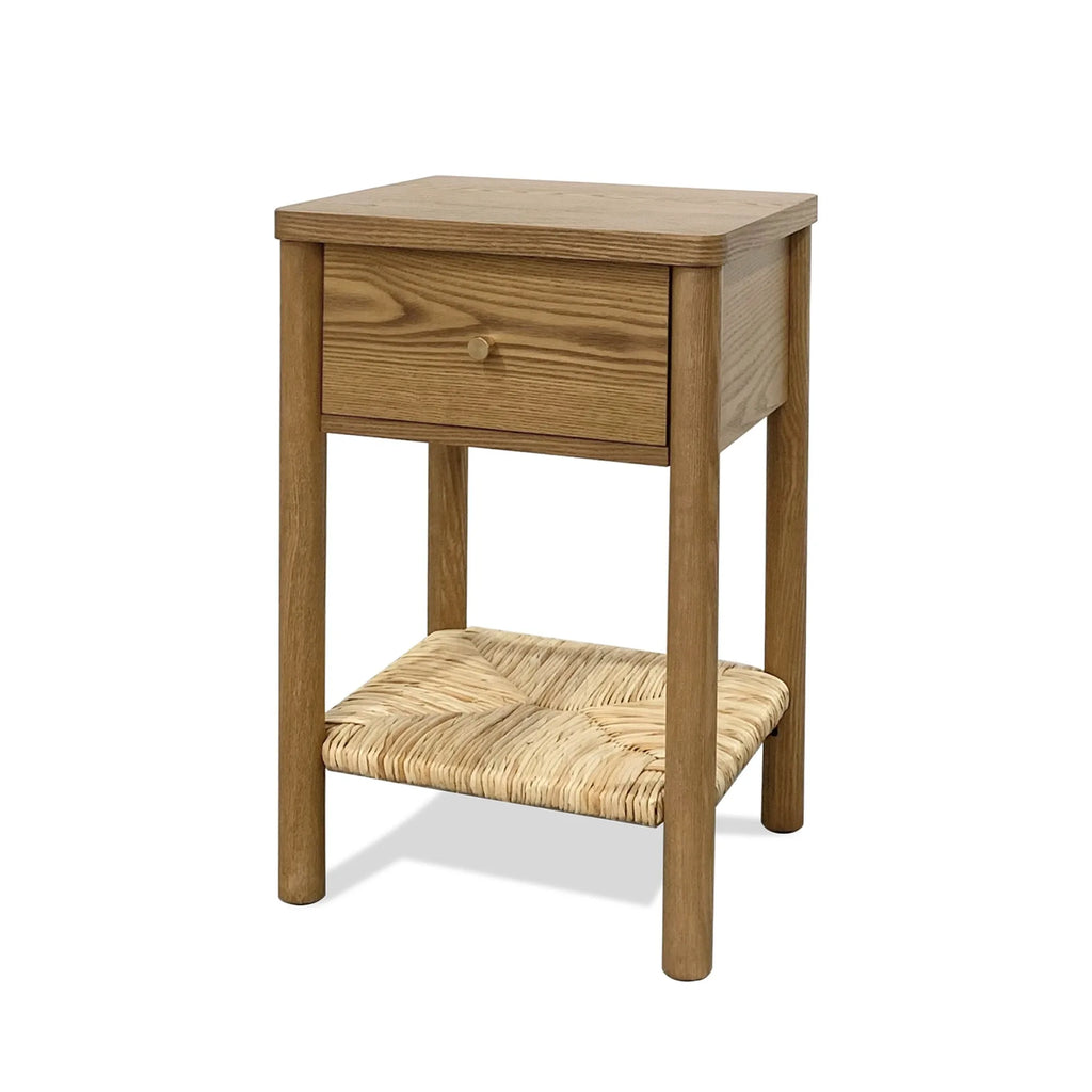 Walnut Ainsley Nightstand Side End Table with Rounded Edge Tabletop, Solid Wood Round Legs, Woven Jute Storage Shelf & Drawer, f