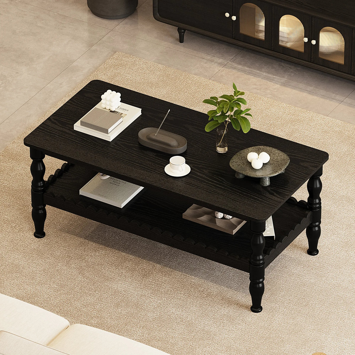 Rectangle Coffee Table Solid Wood Coffee Table with Storage Shelf,Farmhouse 2-Tier Center Table Lacquered Classical Legs,Easy As