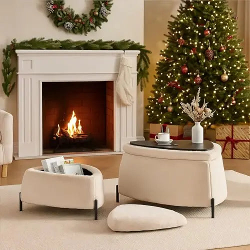 M Modern Durable 2-Piece Faux Fur Fabric Upholstered Storage Ottoman Set with Metal Legs Coffee Side Table Shoe Changing Stool