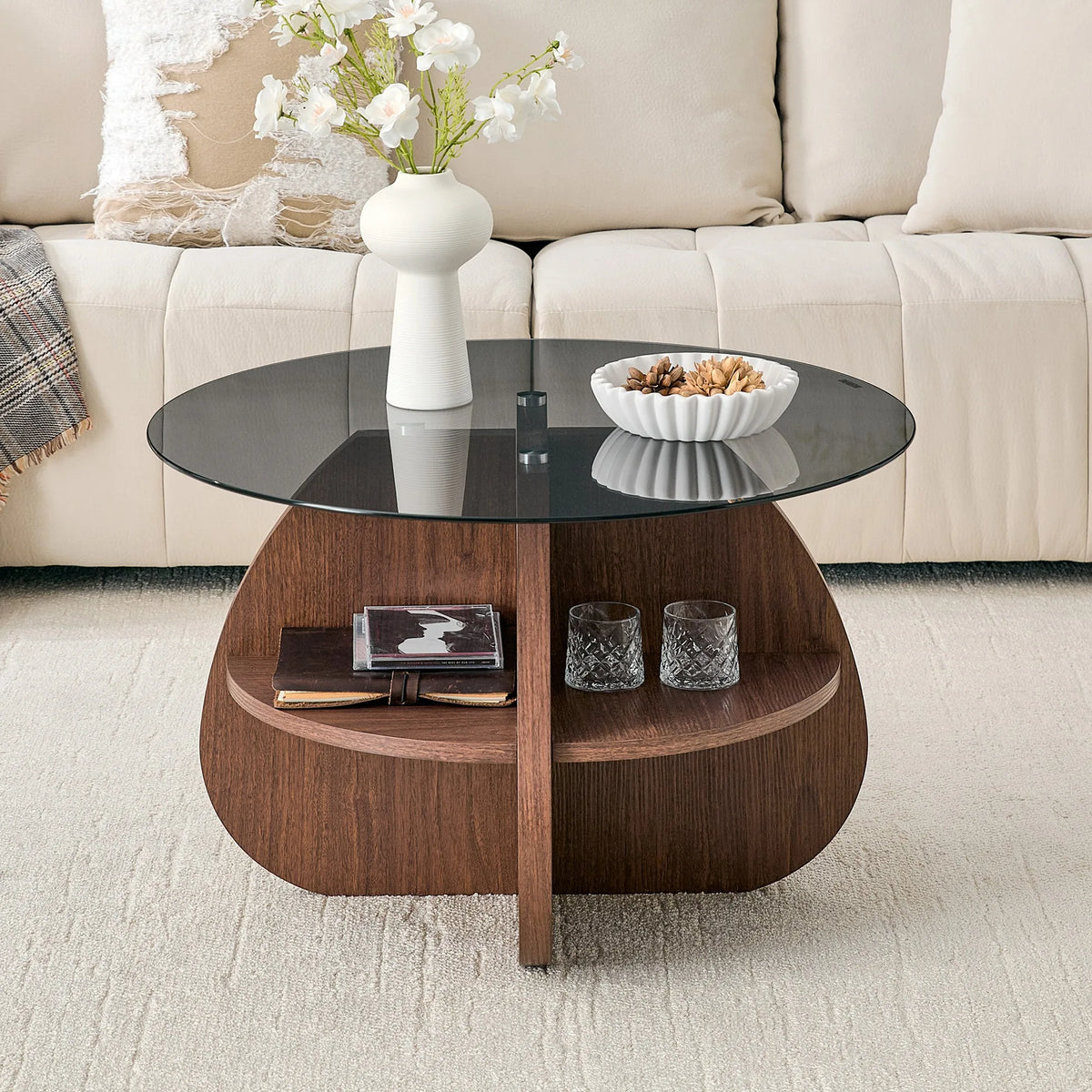 Creative Cross-Structure Round Coffee Table with Gray Tempered Glass Top and Walnut-Colored Fan-Shaped Storage. Perfect for livi