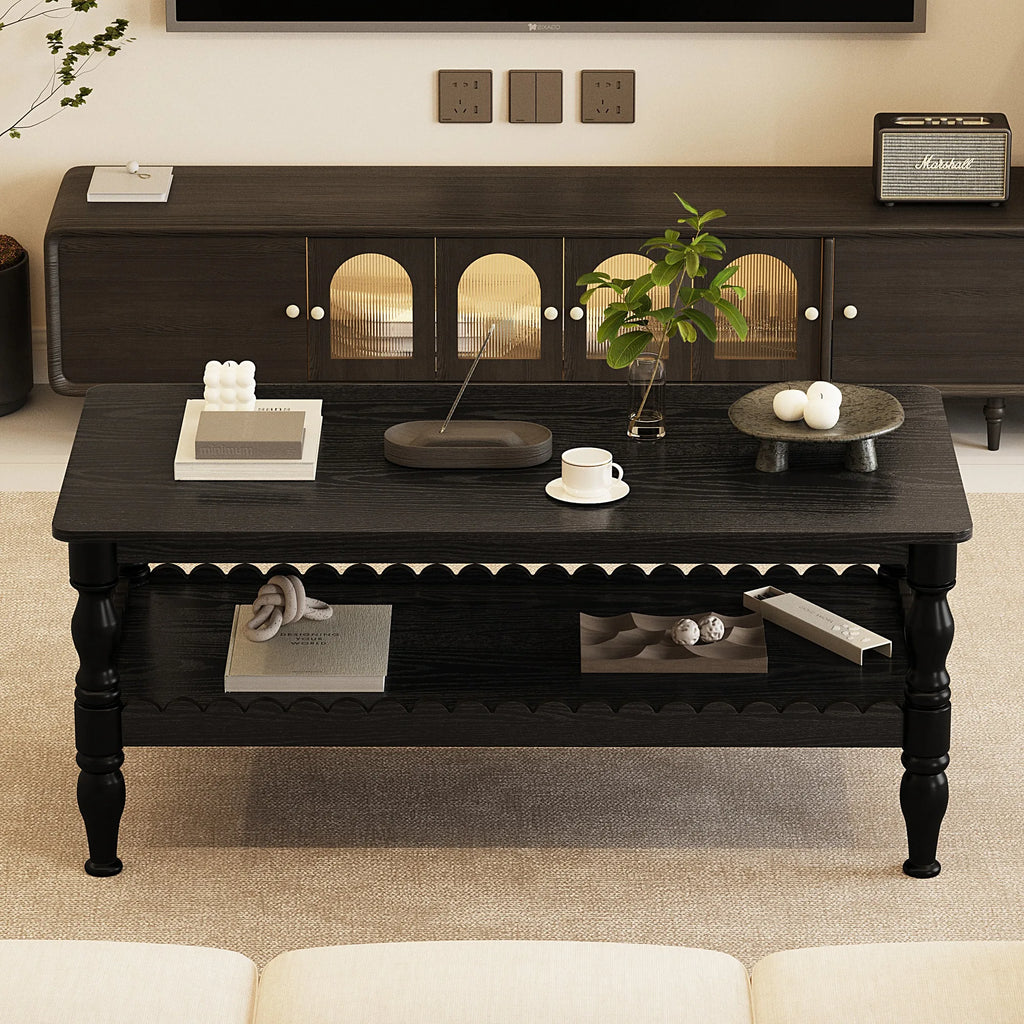 Rectangle Coffee Table Solid Wood Coffee Table with Storage Shelf,Farmhouse 2-Tier Center Table Lacquered Classical Legs,Easy As