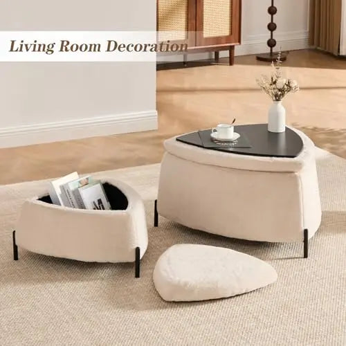 M Modern Durable 2-Piece Faux Fur Fabric Upholstered Storage Ottoman Set with Metal Legs Coffee Side Table Shoe Changing Stool