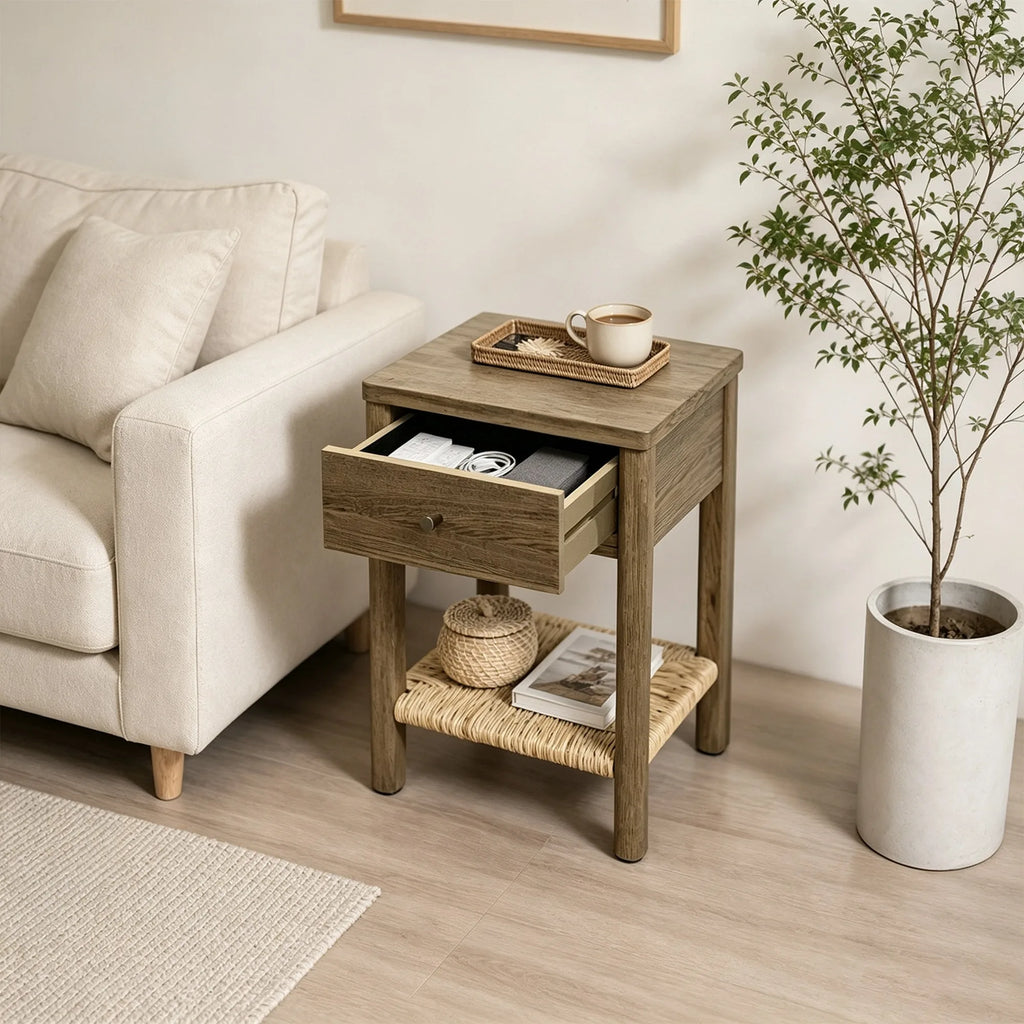 Antique Grey Ainsley Nightstand Side End Table with Rounded Edge Tabletop, Solid Wood Round Legs, Woven Jute Storage Shelf & Dra