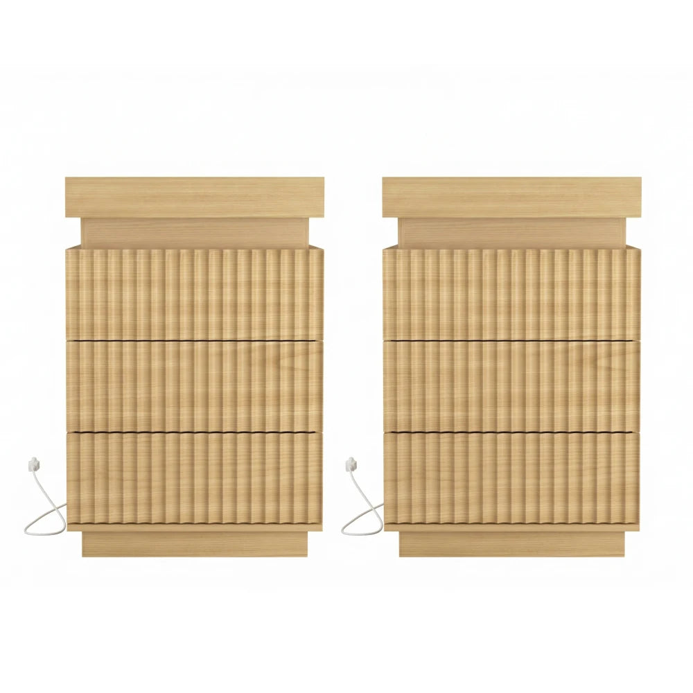 Natural Nightstand Set of 2 Fluted Wave Panel Bedside Table with Charging Station and LED Lights