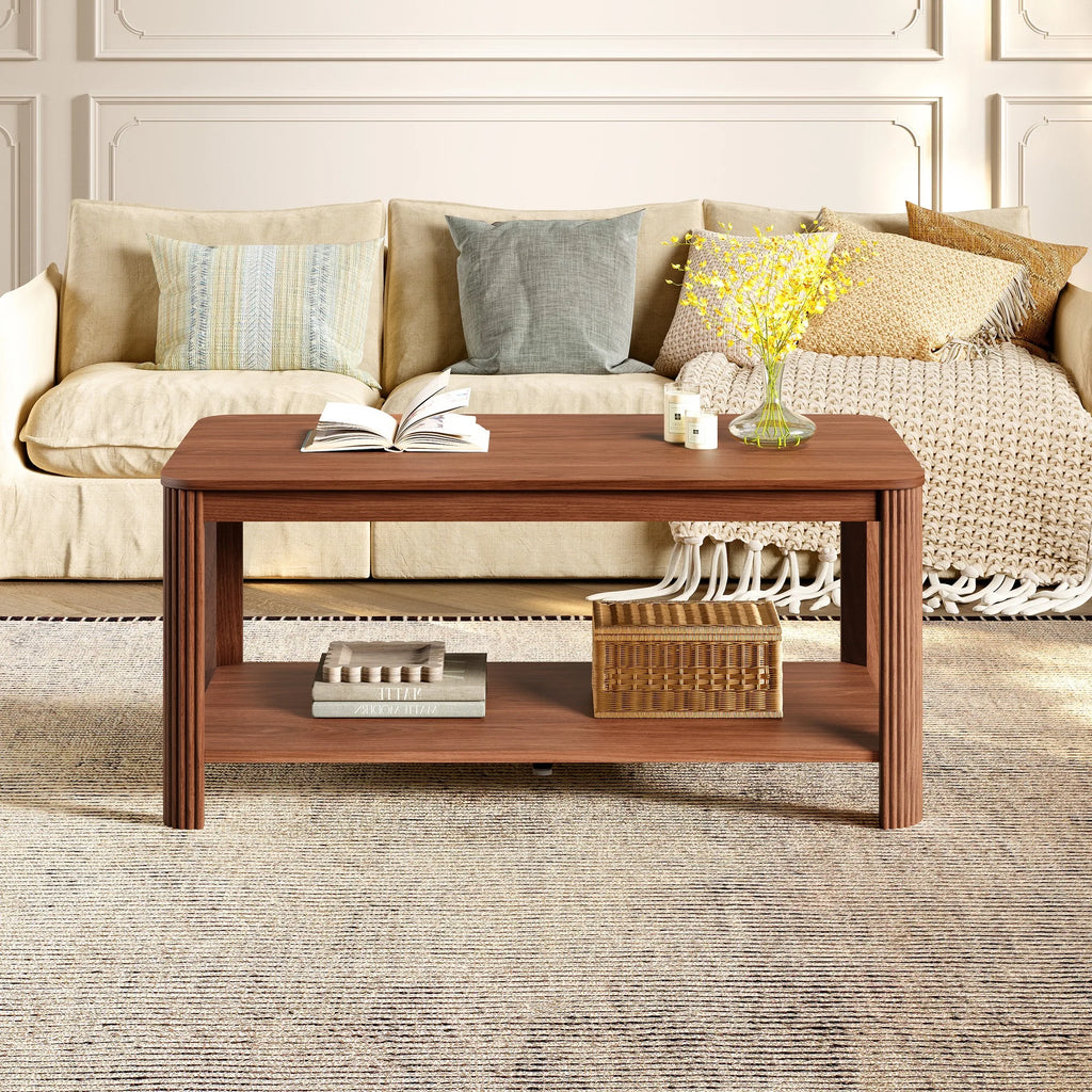 Arc Corner Wood 2-Tier Coffee Table with Storage Shelf - Vertical Wave Grain Legs, Walnut Finish, Modern Minimalist Rectangle Ac