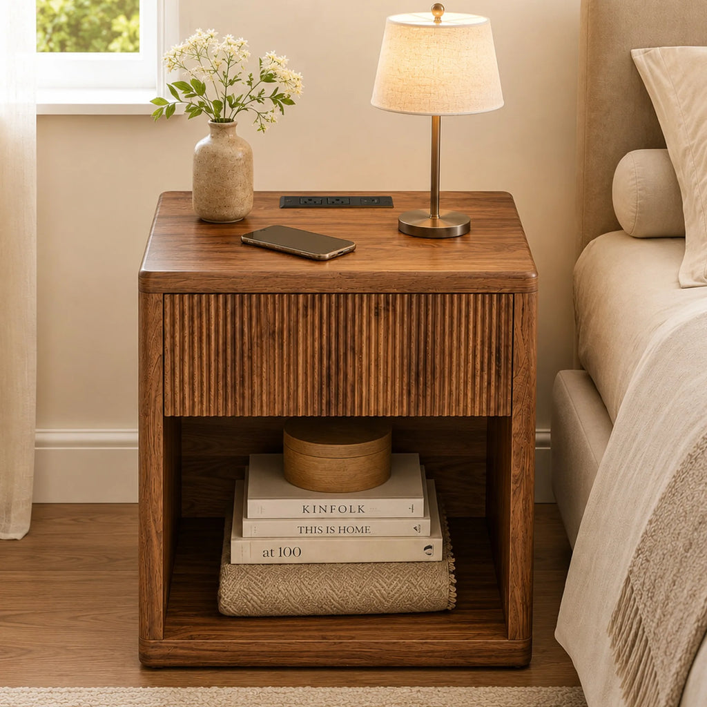 Night Stand Nightstand with Drawer Storage Fluted Bed Side Table End Table Large Modern Wide Bedside Stand Mid Century Night Sta