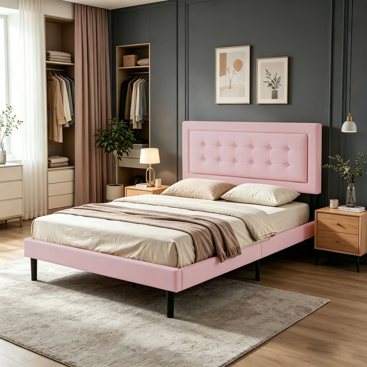 Blush Tufted Platform Bed
