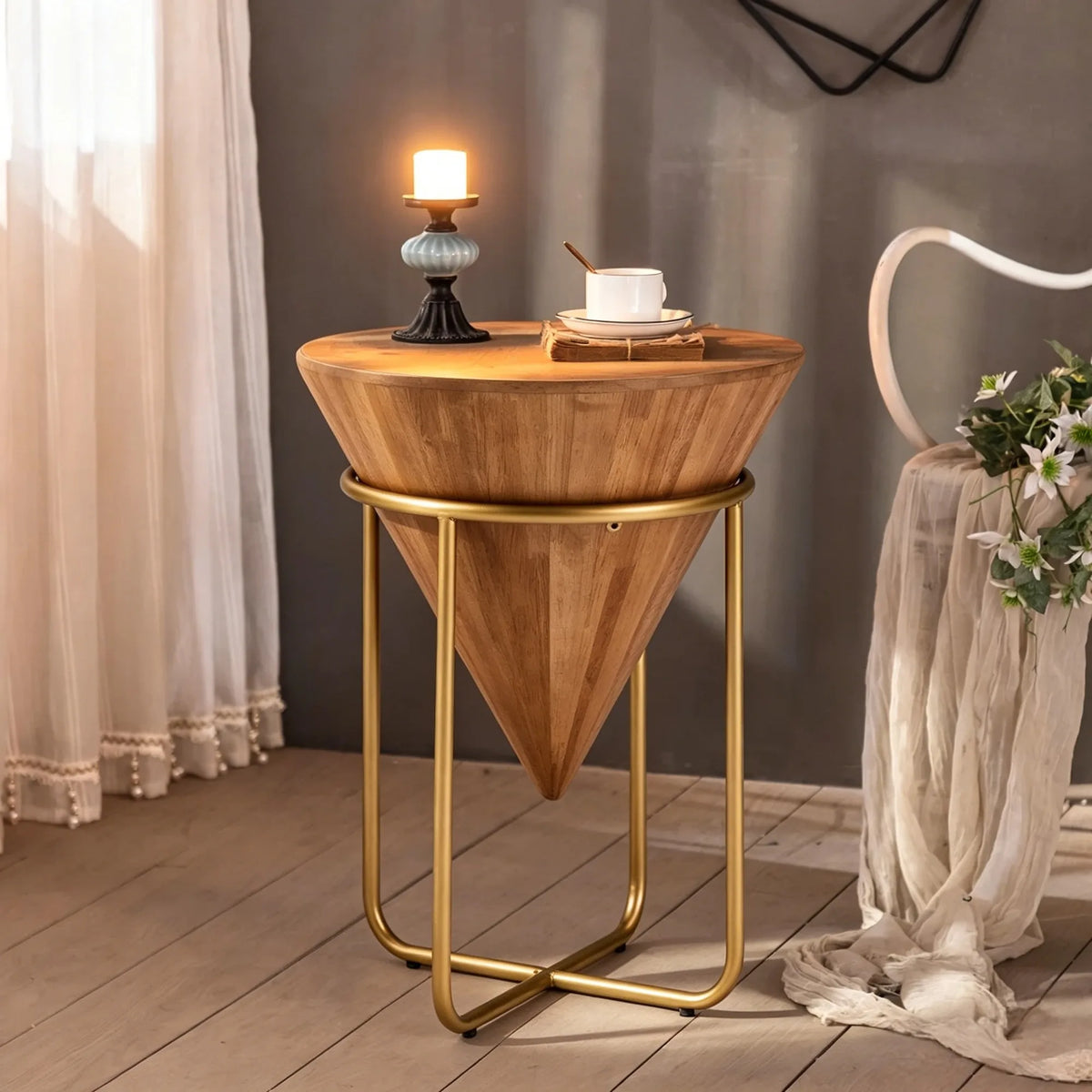 Minimalist & Luxe Wood & Gold Side Table, Cone-Shaped Round Accent Table, Multi-Space Versatile End Table for Living Room, Bedro