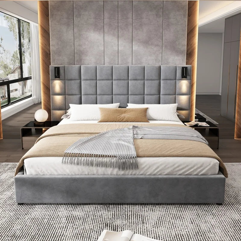 Wide-Headboard Bed with Reading Lights