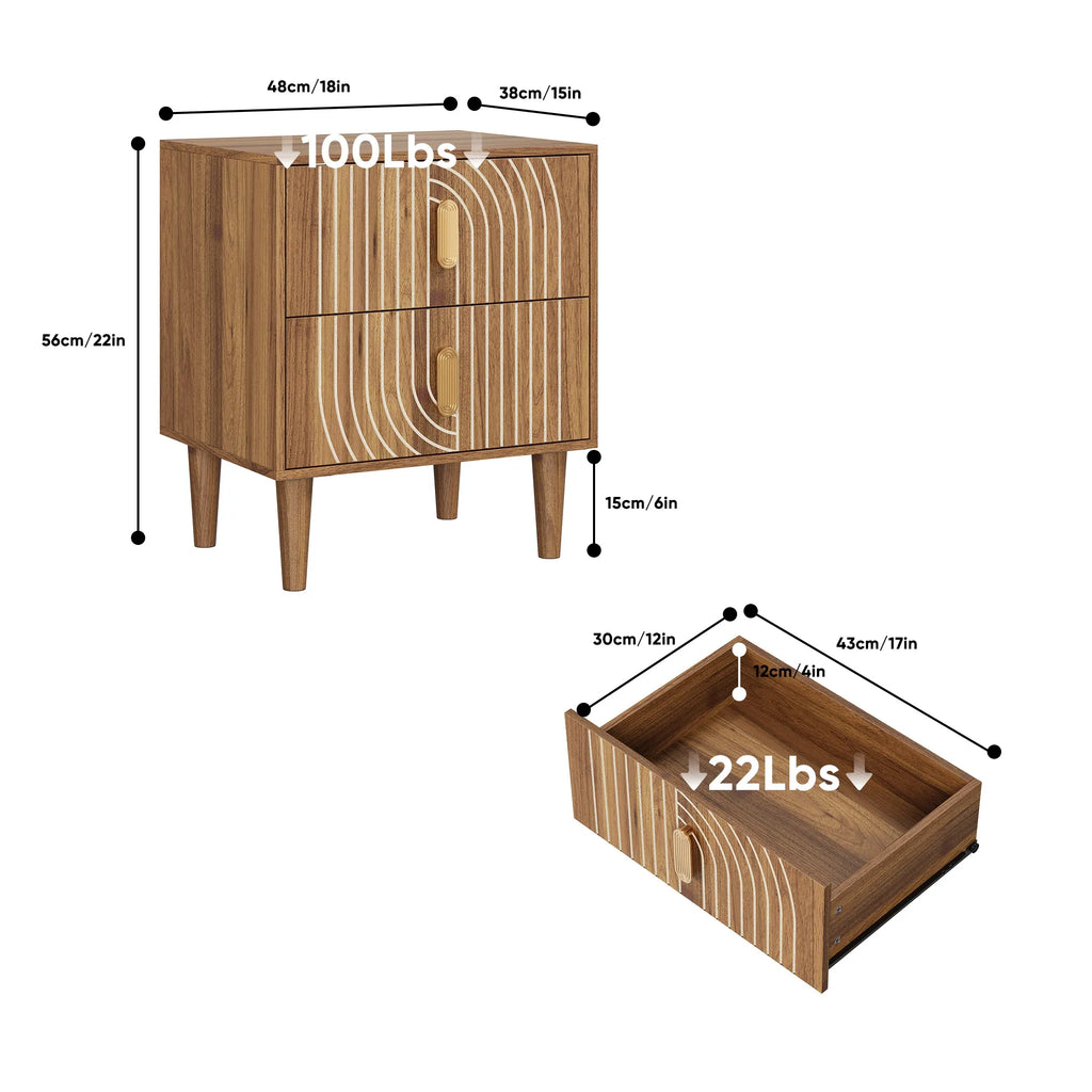 Medieval-style modern bedside table with double drawers for storage and solid wood legs; bedroom side table, bedside storage cab