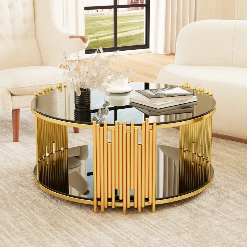 M Modern Light Luxury Durable Living Room Furniture Stainless Steel Circular Coffee Table Storage Tempered Glass Countertop