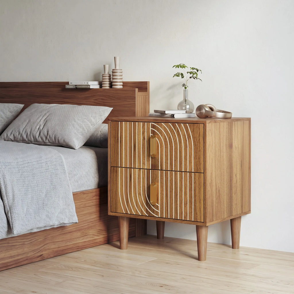 Medieval-style modern bedside table with double drawers for storage and solid wood legs; bedroom side table, bedside storage cab