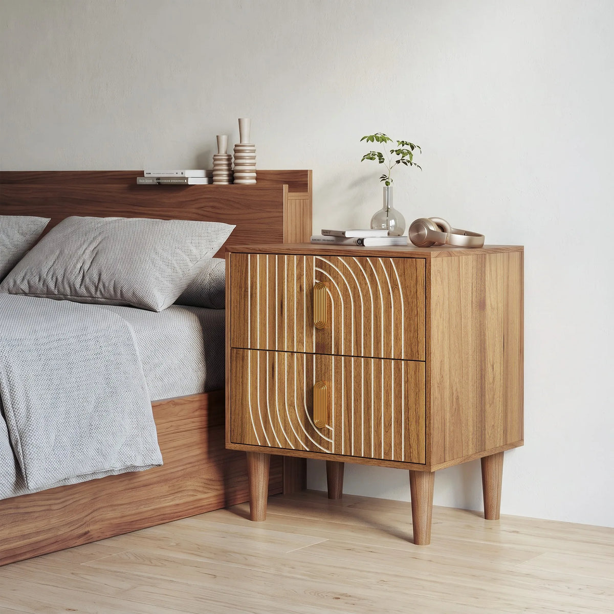 Medieval-style modern bedside table with double drawers for storage and solid wood legs; bedroom side table, bedside storage cab