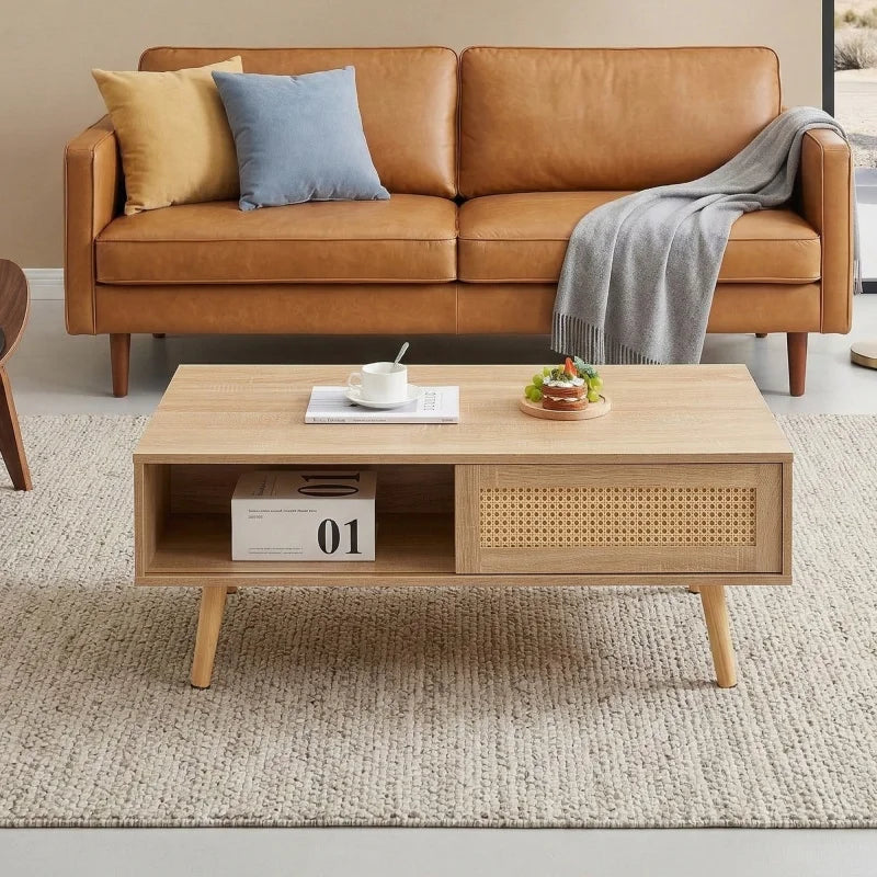 M Mid Century Modern Rattan Coffee Table with Storage Rectangle Wooden Accent Center Tables with Sliding Wood Legs