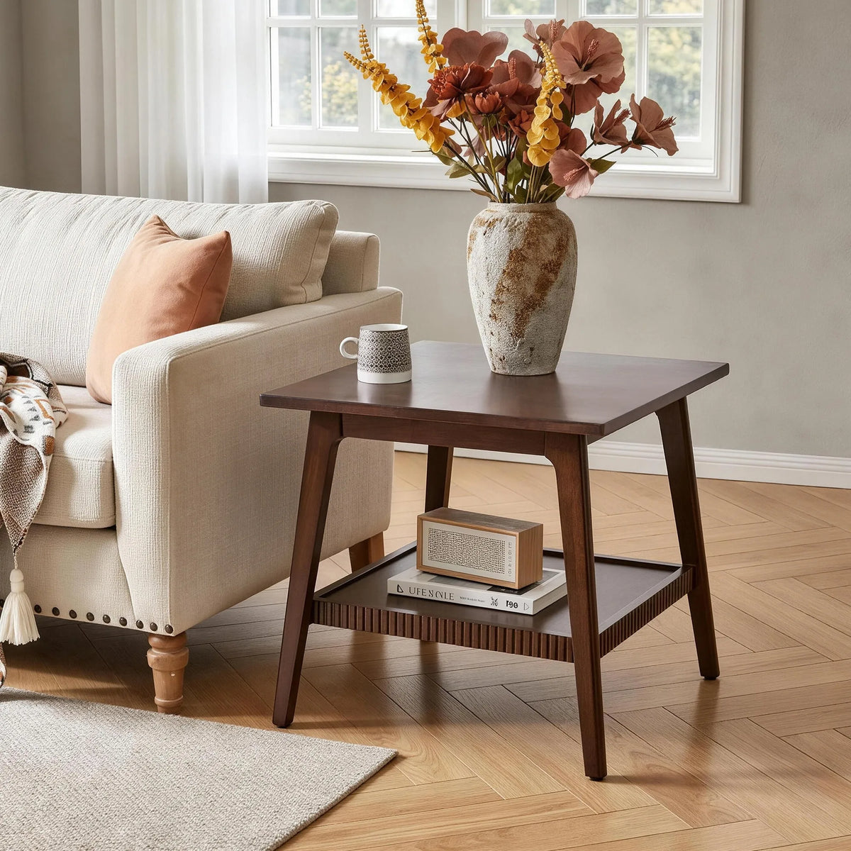 Solid Wood End Table, 2 Tier Square Side Table with Storage Shelf, Modern Nightstand Accent Table for Living Room, Sofa Couch Si