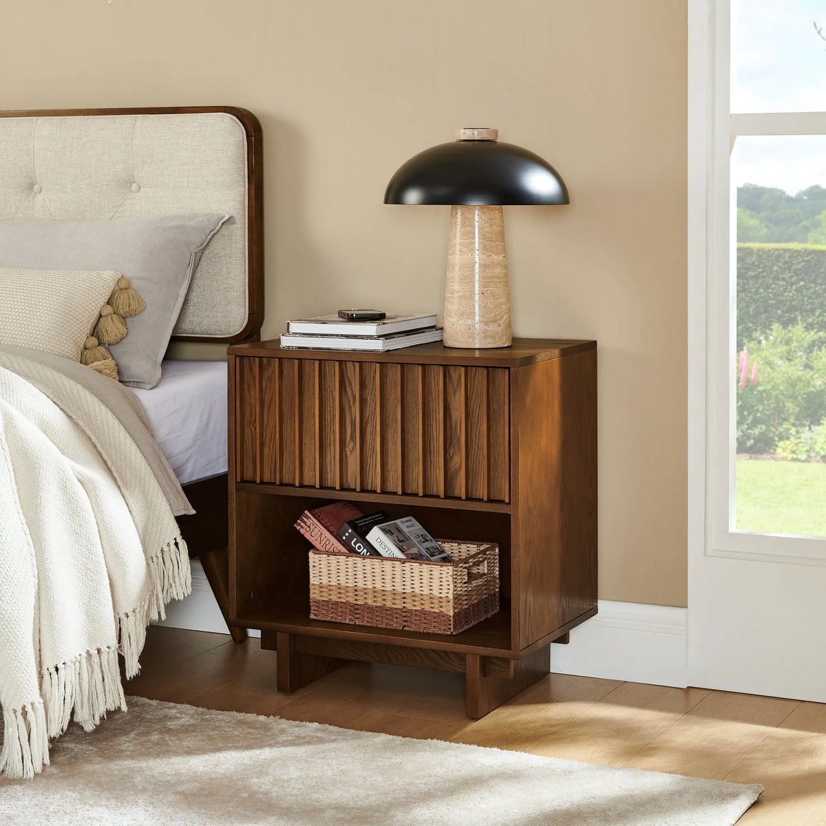 23.4 Inch Mid Century Modern Grille Slat Nightstand with Hidden Charging Station USB Ports & Outlet Hole, Farmhouse End Table wi