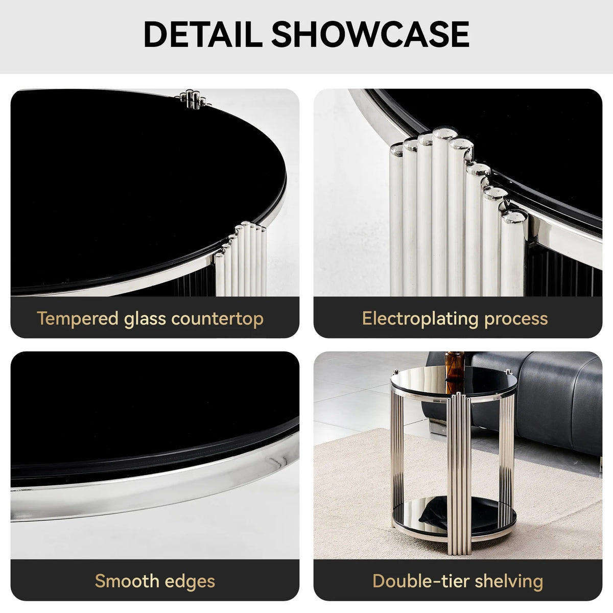 16.90 Inch Modern End Table, Bedside Table,Double-Layer Tempered Black Glass & Silver Stainless Steel Frame Living Room Table, R