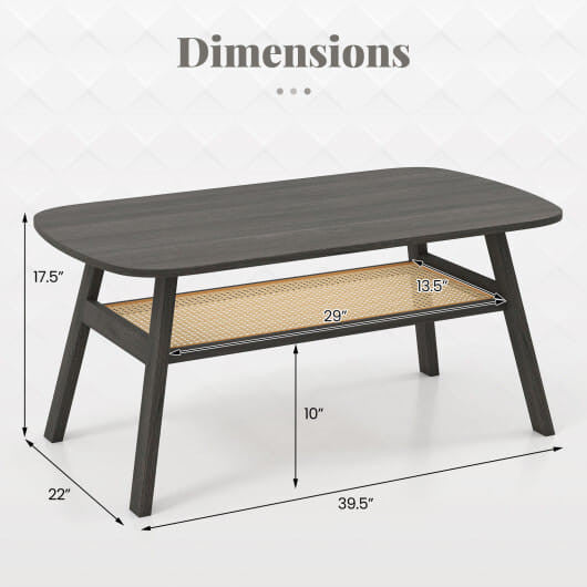 2-Tier Rectangular Center Coffee Table with Rattan Storage Shelf and Rubber Wood Legs-Dark Gray
