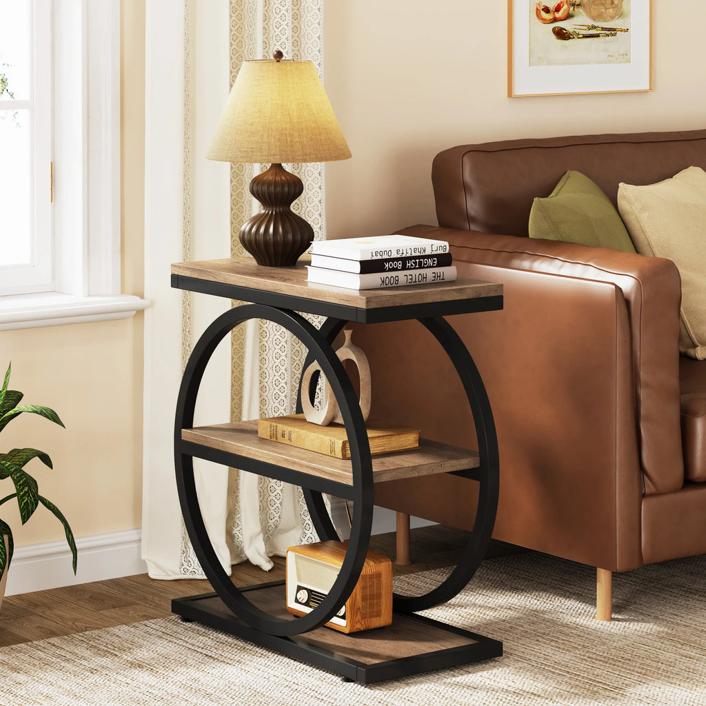 Tribesigns Side End Table with 3 Storage Shelves, Industrial Sofa Table with Round Metal Frame for Living Room