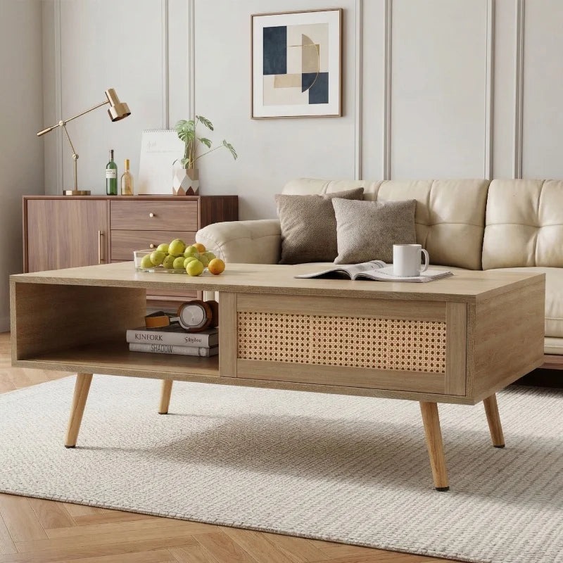 M Mid Century Modern Rattan Coffee Table with Storage Rectangle Wooden Accent Center Tables with Sliding Wood Legs
