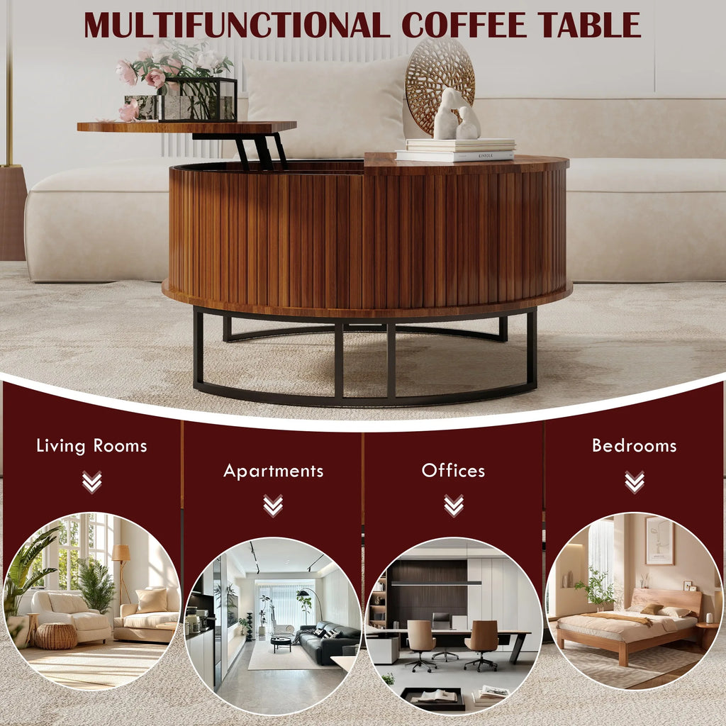 31.5 Inch Round Coffee Table with Storage,Fluted Lift Top Center Table, Midcentury Modern Flip-top Curved Table for Living Room,