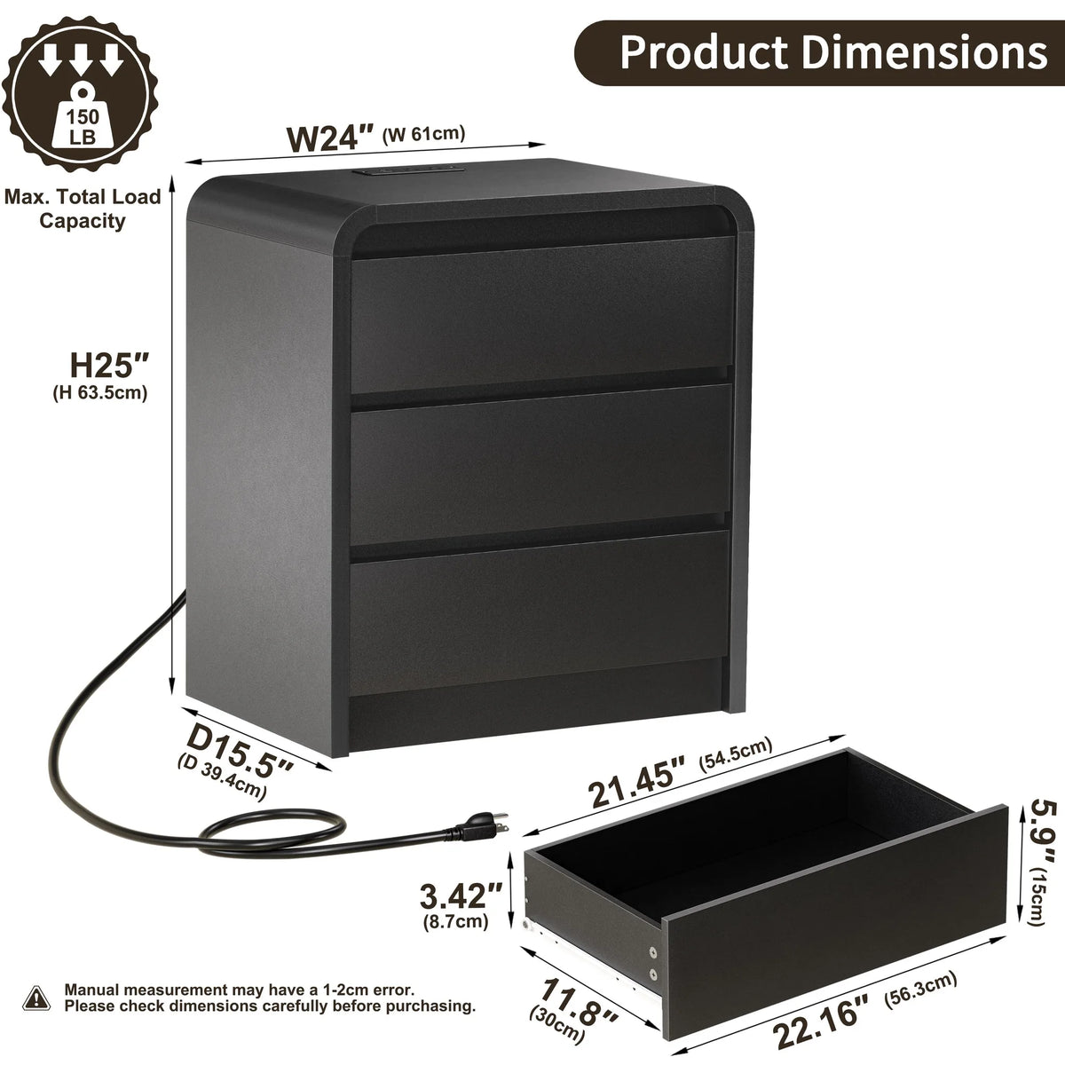 Modern Night Stand with Charging Station, 25 Inch Tall Wood Nightstand Bedside Table with 3 Drawers & USB Ports, Mid-Century End