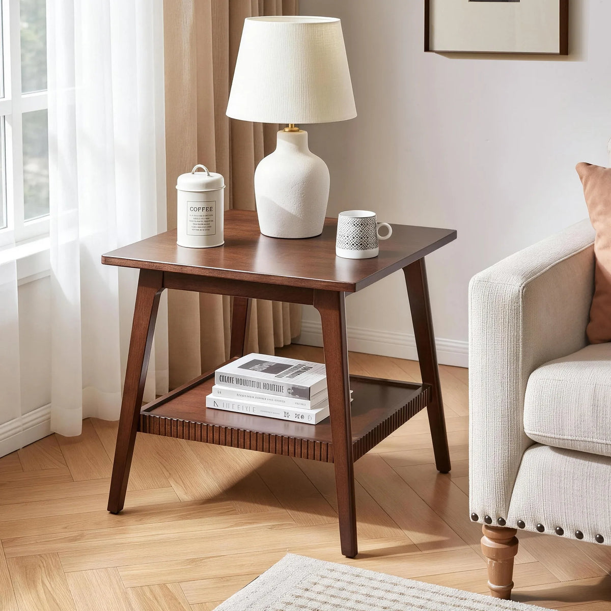 Solid Wood End Table, 2 Tier Square Side Table with Storage Shelf, Modern Nightstand Accent Table for Living Room, Sofa Couch Si