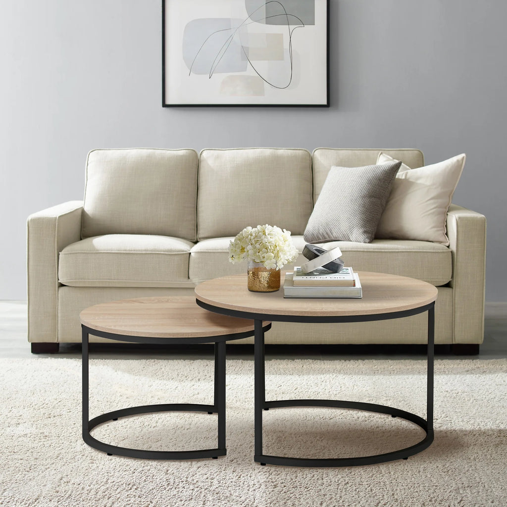 31.5-inch Round Nesting Table set of 2, Accent Coffee Table, Natural Oak Wood Finish, Space-Saving, Modern Industrial Style