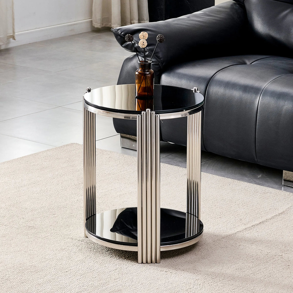 16.90 Inch Modern End Table, Bedside Table,Double-Layer Tempered Black Glass & Silver Stainless Steel Frame Living Room Table, R