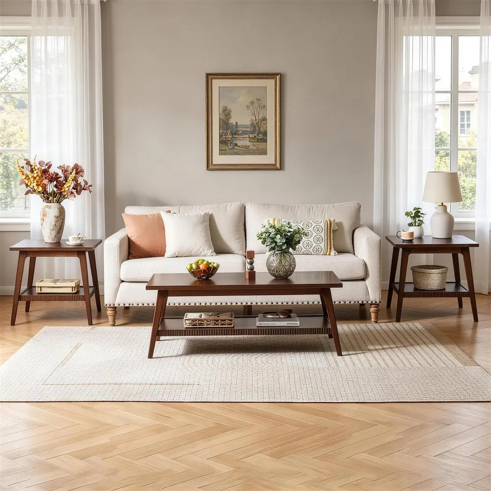 Solid Wood Coffee Table, Rectangular Living Room Coffee Table with Lower Storage Shelf, Wooden Center Cocktail Table for Home, A