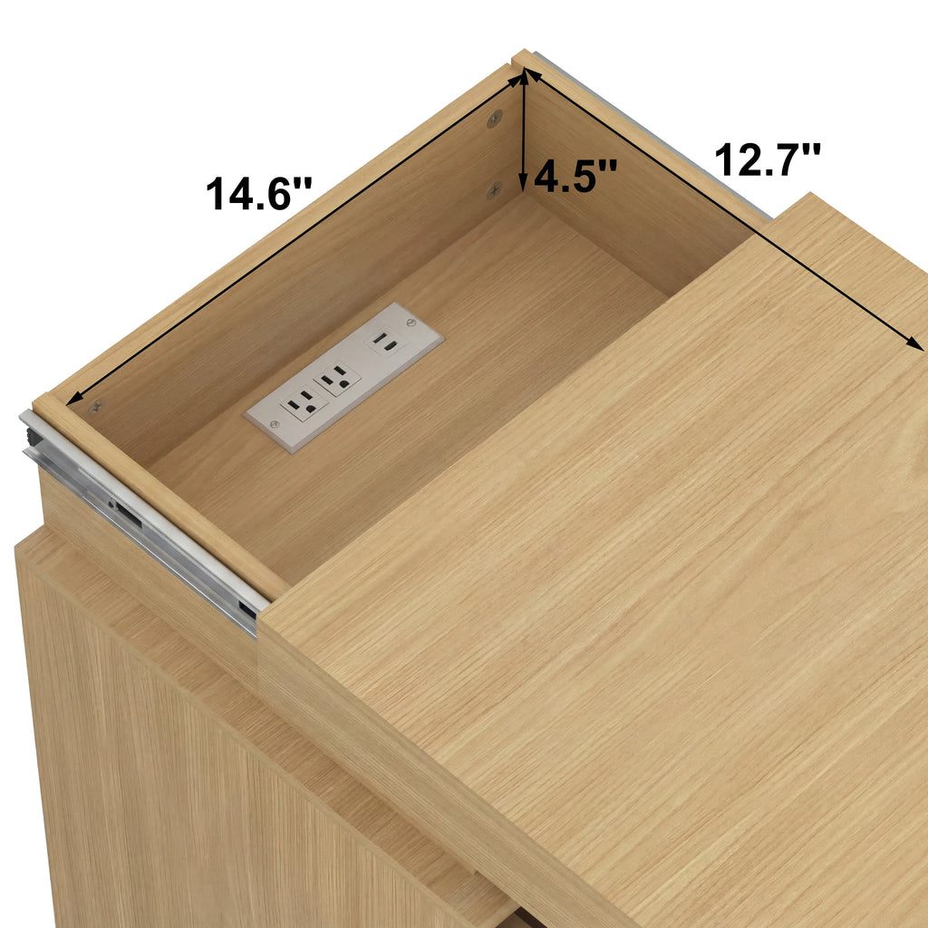 Natural Nightstand Set of 2 Fluted Wave Panel Bedside Table with Charging Station and LED Lights