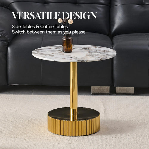 21.65 Inch Modern End Table, Nightstand, Featuring White Marble-Patterned Glass With A Gold Stainless Steel Frame, Suitable For