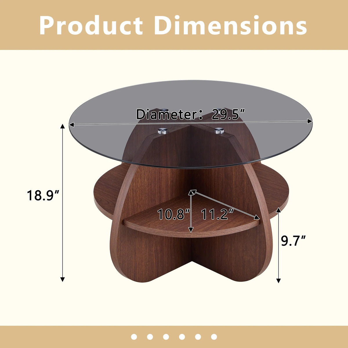 Creative Cross-Structure Round Coffee Table with Gray Tempered Glass Top and Walnut-Colored Fan-Shaped Storage. Perfect for livi