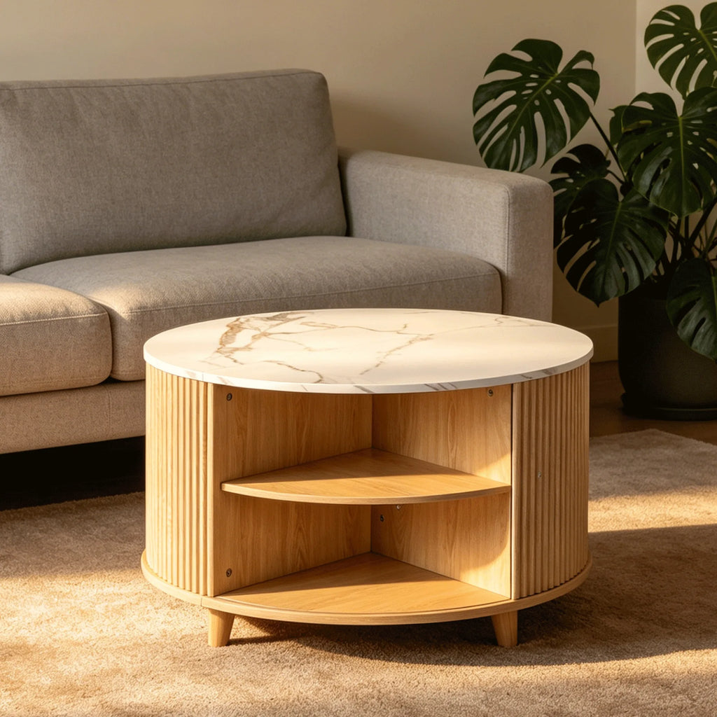 32 Inch Round Coffee Table with Storage, Modern Wood Coffee Table with Cabinet, Circular Center Table for Living Room, Hidden Co