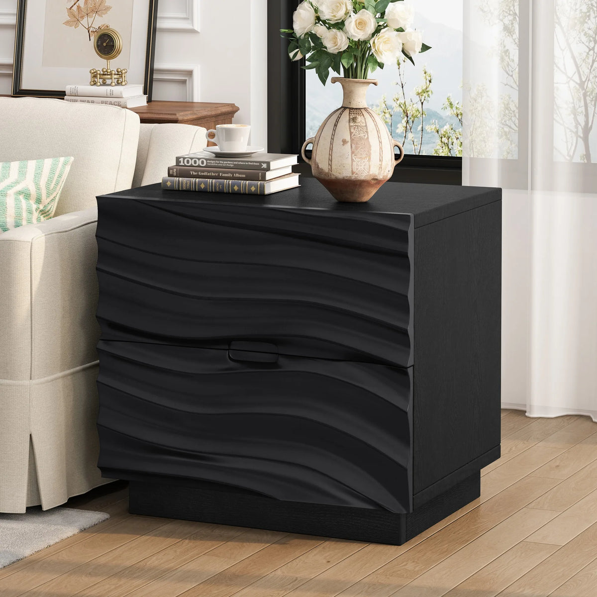 Solid Wood Nightstands, Bedside Table with 2 Drawers, No Handles, Sofa End Table for Living Room, Bedrooms
