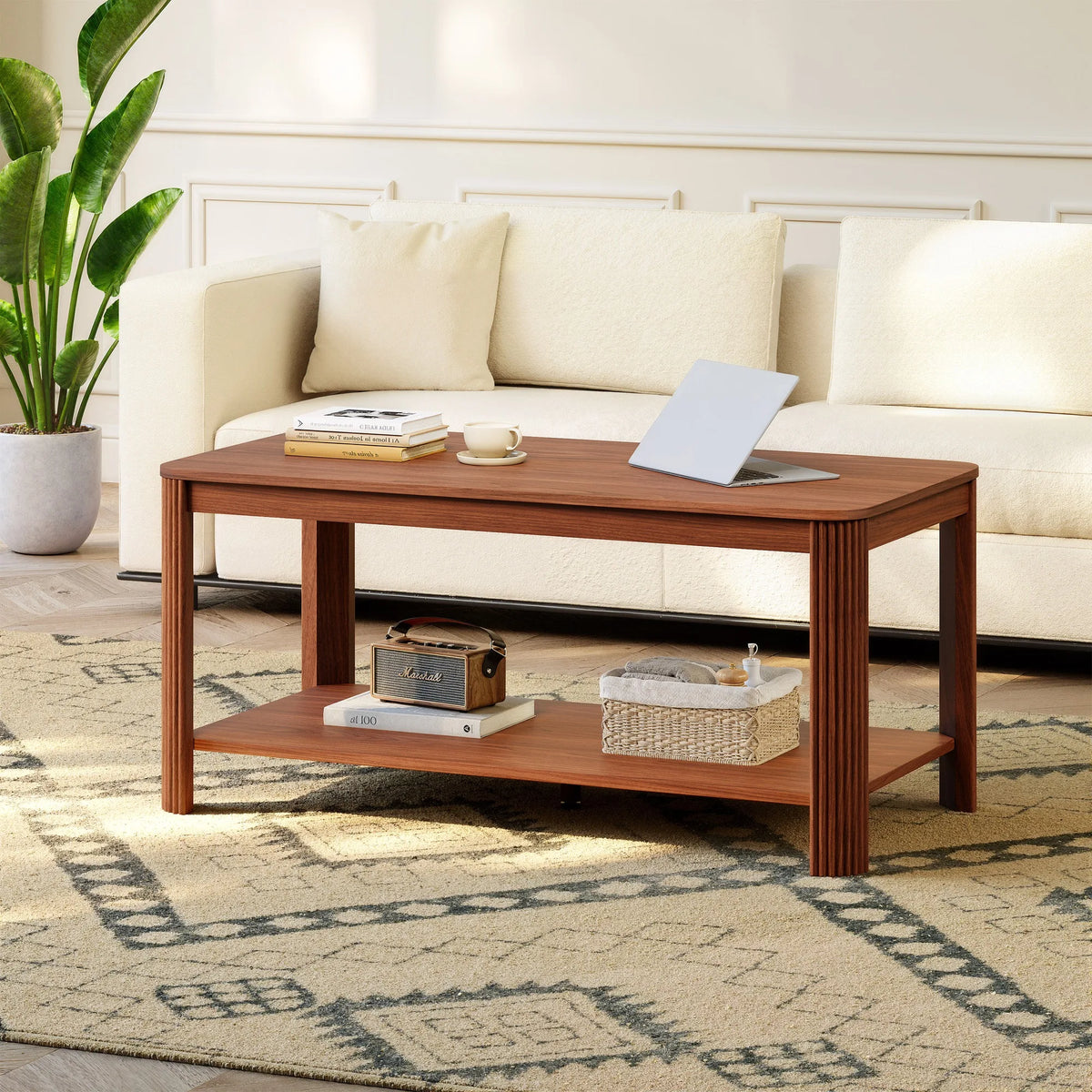Arc Corner Wood 2-Tier Coffee Table with Storage Shelf - Vertical Wave Grain Legs, Walnut Finish, Modern Minimalist Rectangle Ac