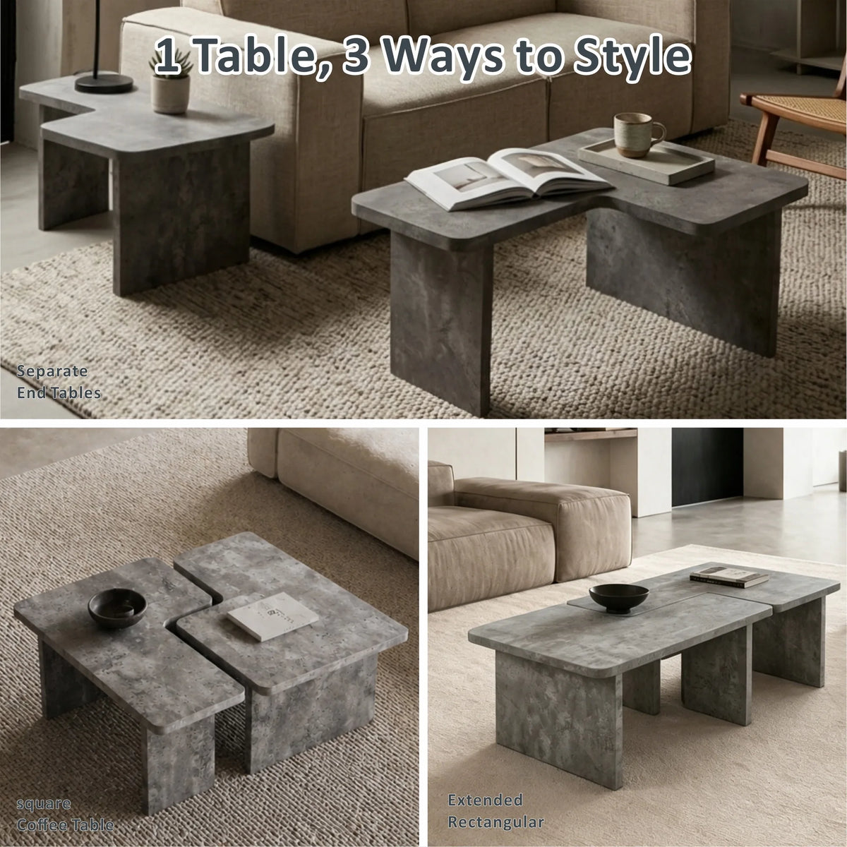Modular Concrete Coffee Table Set of 2, Nesting L-Shaped Puzzle Center Table, Faux Stone Look Square or Rectangular Cocktail Tab