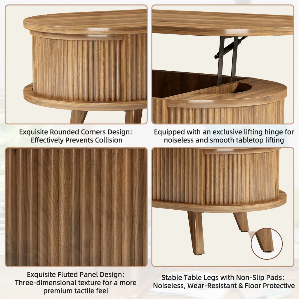 Fluted Lift Top Coffee Table with Hidden Compartment, Wooden Center Table, Modern Oval Lift Tabletop for Home Living Room Office