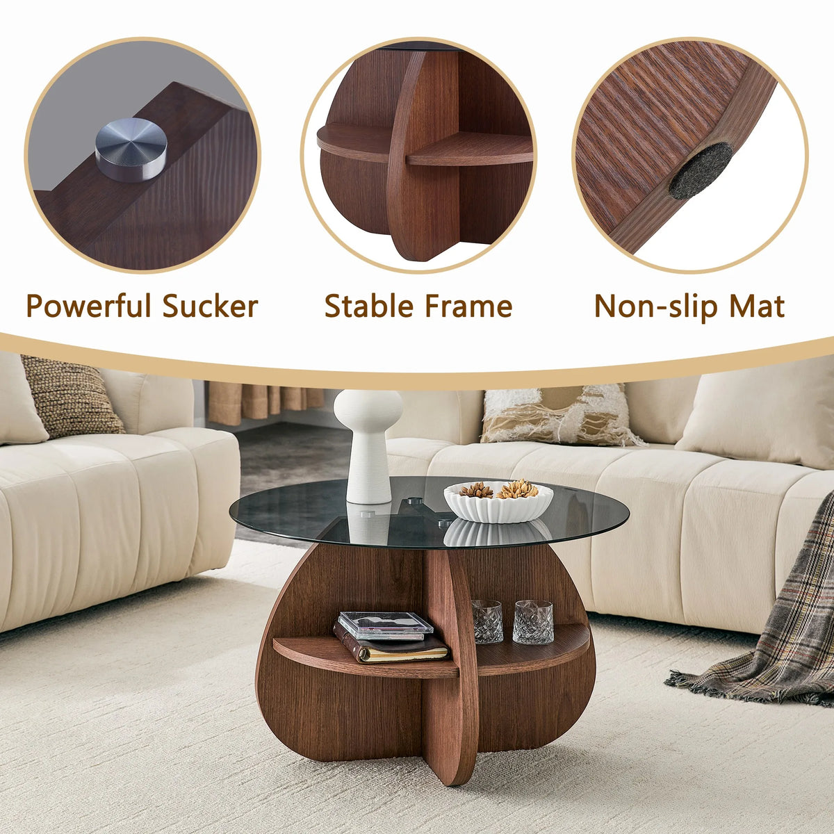 Creative Cross-Structure Round Coffee Table with Gray Tempered Glass Top and Walnut-Colored Fan-Shaped Storage. Perfect for livi