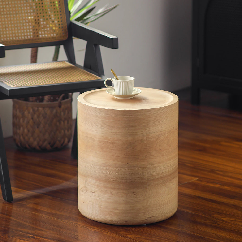 Natural Wood Round Drum Accent Table, No Assembly Side End Table for Living Room Bedroom
