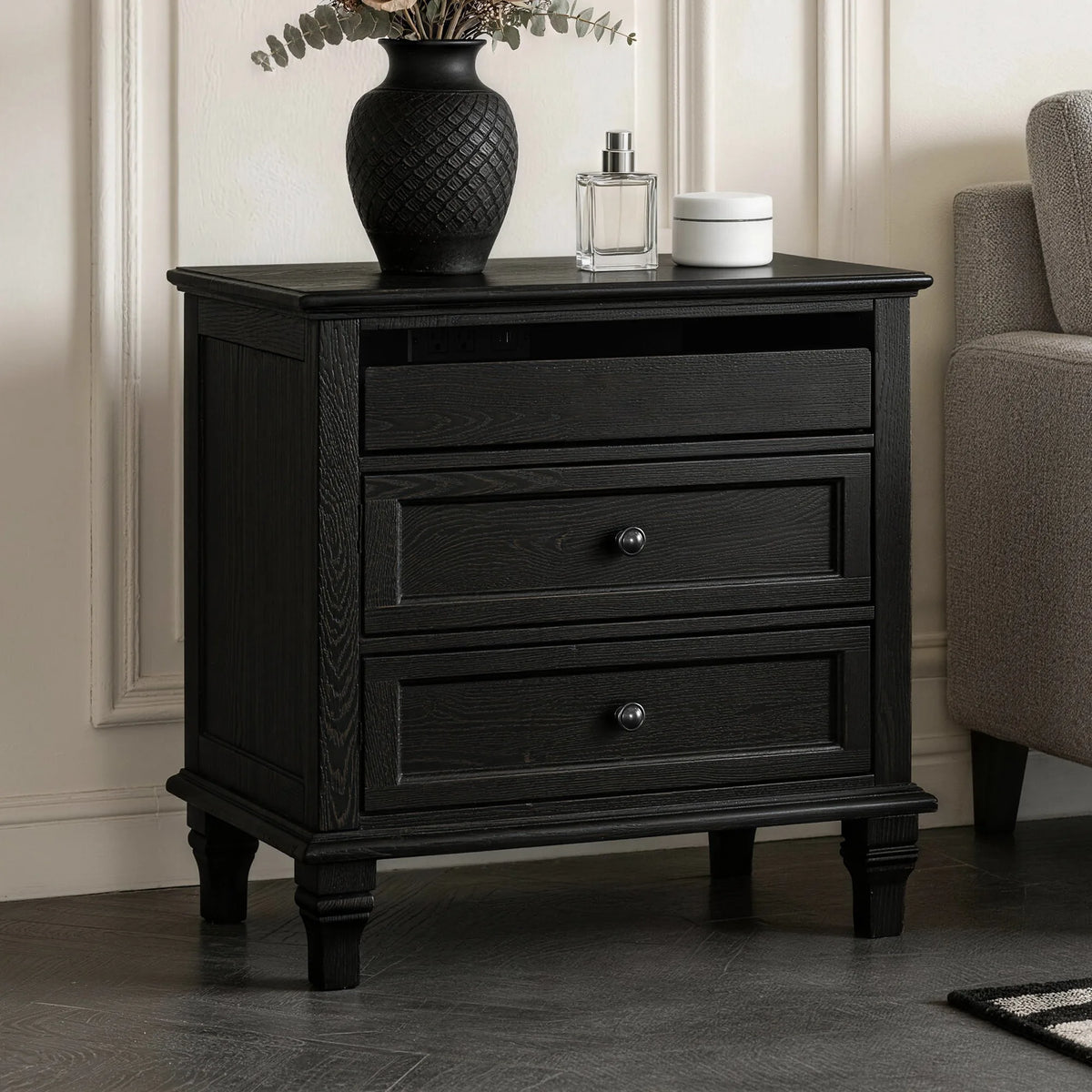 28 Inch Wood Nightstand with Charging Station, Farmhouse Bedside Table with 3 Drawers, USB & Type-C Ports, Storage End Table for