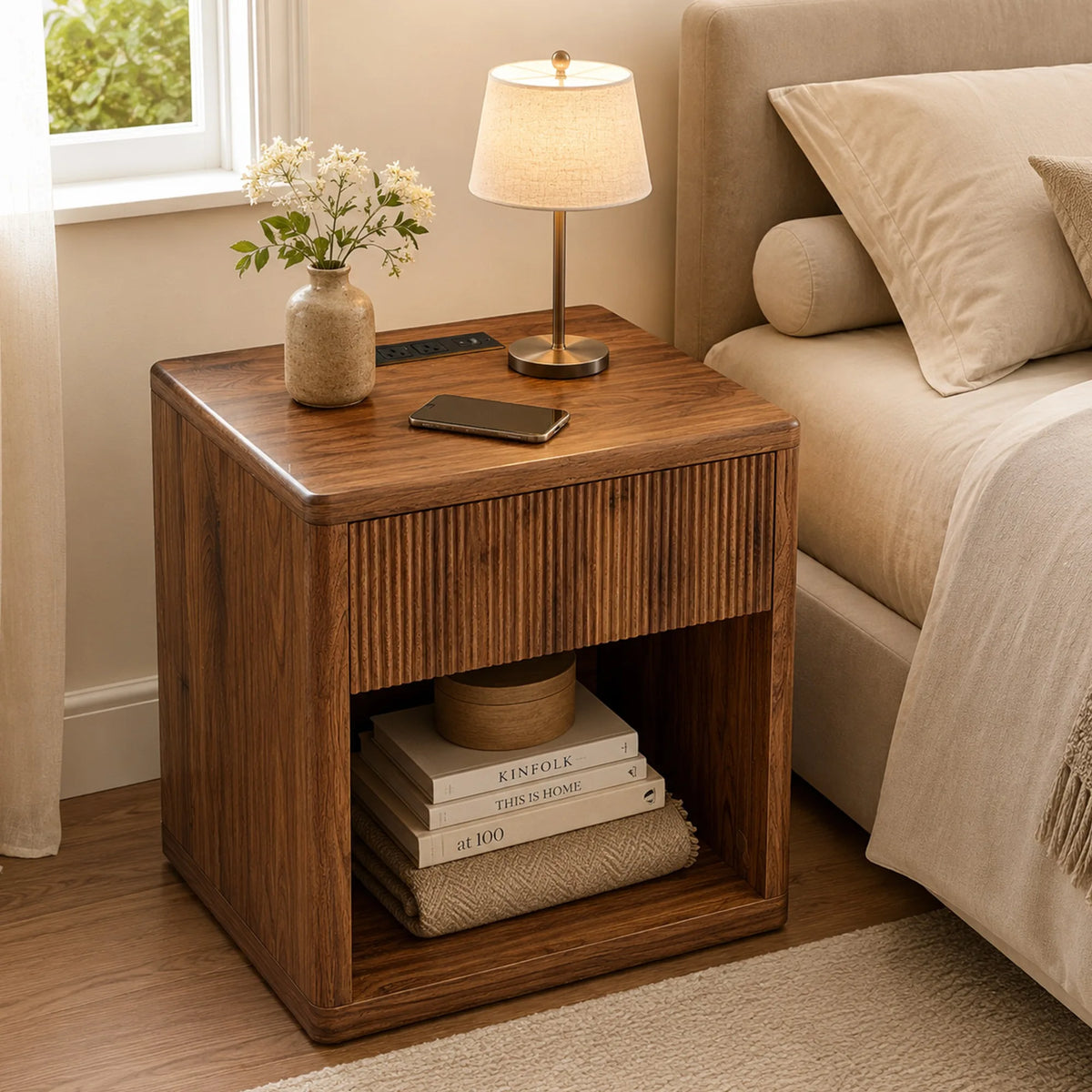 Night Stand Nightstand with Drawer Storage Fluted Bed Side Table End Table Large Modern Wide Bedside Stand Mid Century Night Sta