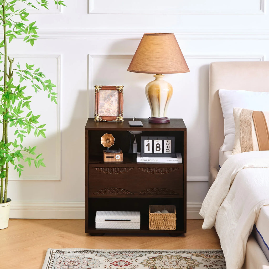 Mid Century Modern Rattan Nightstand with Charging Station USB Ports & Outlet Hole & 4 Solid Wood Bases, Farmhouse End Table wit