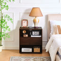 Mid Century Modern Rattan Nightstand with Charging Station USB Ports & Outlet Hole & 4 Solid Wood Bases, Farmhouse End Table wit