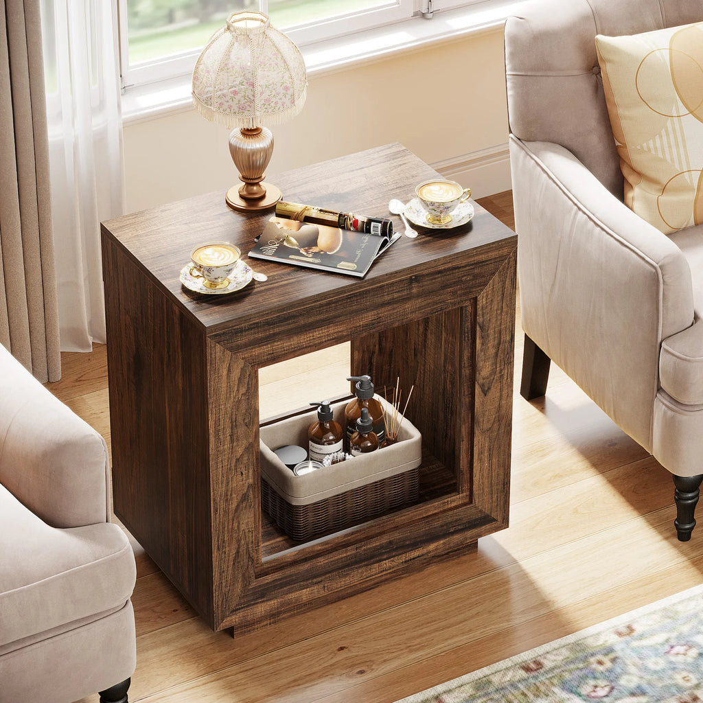 Tribesigns Brown End Table, 24" Side Table with Storage Shelf, Farmhouse Style Nightstand Bedside Table for Small Spaces