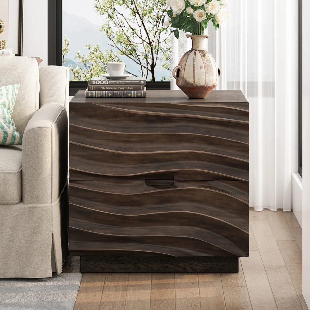 Solid Wood Nightstands, Bedside Table with 2 Drawers, No Handles, Sofa End Table for Living Room, Bedrooms