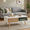 M Mid Century Modern Rattan Coffee Table with Storage Rectangle Wooden Accent Center Tables with Sliding Wood Legs